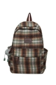 Fashionable green plaid nylon backpack with plush charm and brown leather brand label - Green Brown Plaid