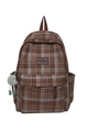Brown and blue-grey checkered nylon backpack with front pocket and green plush pendant - Brown Blue Plaid