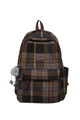 British style plaid nylon backpack in brown and navy blue with a plush monster charm - Black and Blue Plaid