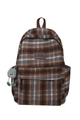 Plaid vintage nylon backpack in brown and grey with cute green plush monster charm - Gray & Brown Plaid