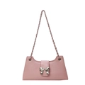 Pink PU leather shoulder bag for women featuring a silver metal bow buckle and chain strap - Pink