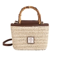 Modische Strohhandtasche mit Bambusgriffen und verstellbarem Schultergurt im Trend - Beige