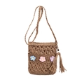 Borsa a tracolla in paglia intrecciata a mano con fiori all'uncinetto e nappe a frangia - Cachi