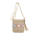Borsa a tracolla in paglia intrecciata a mano con fiori all'uncinetto e nappine colorate - Bianco Sporco