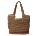 Grand sac cabas en paille tressée avec bordures en cuir marron et anses pour femmes - Kaki