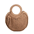 Fashionable round straw handwoven tote bag with circular handle and tassel for summer - Khaki