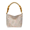 Borsa in seta jacquard rosa con fiori e manici realizzati con perle di legno e corda - Rosa