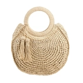 Stylish bohemian woven straw handbag in beige with round handle and side tassels - Beige