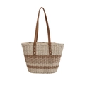 Sac cabas en paille d'été avec poignées en cuir marron et texture rayée - Blanc Cassé