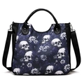 Modische schwarze Umhängetasche mit Totenkopf- und Blumenprint auf festem Canvas-Stoff - Blau