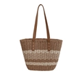 Sac fourre-tout tissé à rayures marron et crème avec anses en cuir et surpiqûres - Kaki