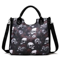 Gothic-Umhängetasche mit Totenkopf und lila Blumenmuster sowie schwarzen Ledergriffen - Rot