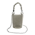 Mini borsa a mano in perline argentate con manico in strass e tracolla a catena - Grande