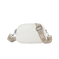 White faux leather crossbody bag with camellia embossing and geometric pattern strap - White