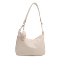 Creamy white PU leather hobo shoulder bag with fuzzy pom-pom charm and adjustable strap - With Ornament / White