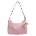 Pink PU leather crescent hobo shoulder bag with cute plush smiley face charm accessory - With Ornament / Pink