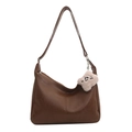 Deep brown PU leather tote bag with a pink plush doll charm and adjustable strap - With Ornament / Brown