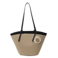 Sac fourre-tout en paille tissée avec anses noires et détail fleur de marguerite - Kaki