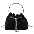 Elegante borsa a secchiello in velluto nero con manico in strass e ciondoli con perle bianche - Nero con manico