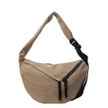Beige crescent crossbody bag with double black decorative zippers and adjustable strap - Khaki