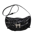 Borsa a tracolla alla moda in pelle PU nera con eleganti fiocchi in metallo argento e pieghe - Nero