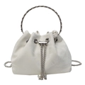 Elegante borsa a secchiello in raso bianco con manico ad anello argento e ciondoli di perle - Bianco Sporco Con Manico