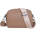 Braune Kameratasche mit Litschitextur und breitem geometrischem Jacquard-Schultergurt - Khaki