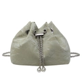 Elegant cream drawstring bucket bag in pleated glossy fabric with pearl chain accents - Green Without Handle