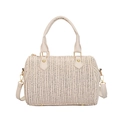 Modische beige gewebte Boston-Handtasche mit Lederriemen und goldener Metallbeschläge - Gebrochenes Weiß