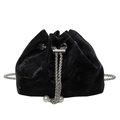 Elegant black velvet drawstring bucket bag with silver chain and white pearl details - Black No Handle