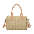 Beige geflochtene Fasstasche mit braunem PU-Lederbesatz und goldenen Akzenten - Khaki