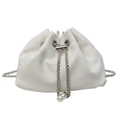 Elegant white drawstring bucket bag with silver chain strap and decorative pearl accents - Off-White Without Handle