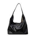 Minimalistische schwarze PU-Leder Hobo-Tasche mit breitem Schultergurt und Logo-Schrift - Schwarz