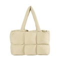 Quilted beige puffer tote bag featuring minimalist square padding and padded handles - Khaki