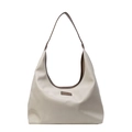 Minimalistische cremefarbene PU-Leder Hobo-Tasche mit dunkelbraunem Gurt und Logo-Detail - Weiß & Kaffee