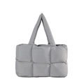 Quilted light grey puffer tote bag with padded handles and large square stitching - Gray