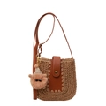 Sac seau en paille de style ethnique avec garniture en cuir et charm ours mignon - Marron avec pendentif