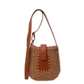 Sac bandoulière en paille tressée marron avec rabat en cuir et fermoir doré - Brun Sans Pendentif