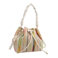 Bolso saco de moda con rayas tejidas verticales de colores y cierre de cordón blanco - Blanco Sin Colgante