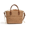 Modische Stroh-Schultertasche 2024 mit braunen Ledergriffen und hohlem Streifenmuster - Khaki