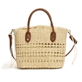 Stroh-Schultertasche in Beige mit braunen Ledergriffen und Kordelzug-Innenfutter - Gebrochenes Weiß