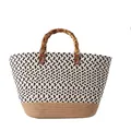 Sac à main tressé noir et blanc avec anses en bambou et base naturelle - Noir