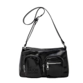 Minimalist black oil-wax PU leather crossbody bag with dual pockets and silver zippers - Black