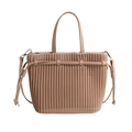 Chic pleated PU leather tote bag in skin pink with top handle and detachable strap - Khaki