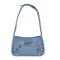 Vintage blaue Denim Umhängetasche mit Sternnieten, Herzplakette und Fransenbesatz - Hellblau