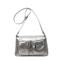 Metallic silver PU leather crossbody bag with dual zipper pockets and MUON SHARK embroidery - Silver