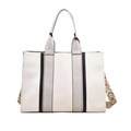Large capacity white canvas tote bag with contrast straps and ethnic woven shoulder strap - White and Black / Large