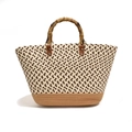 Chic woven tote bag featuring brown herringbone patterns and natural bamboo handles - Brown