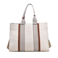 Large cream canvas tote bag with gray leather trim and stylish patterned side straps - Brown / Large