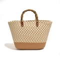 Handcrafted woven tote bag with contrast V-texture pattern and natural bamboo handle - Khaki